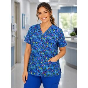 Scrub Station VS Collection Women's V Neck Scrub Top Size Small China Dolls Blue